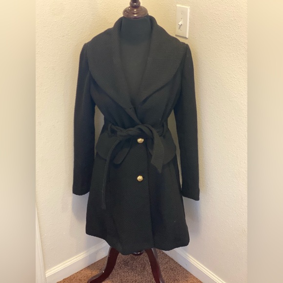Jessica Simpson Black Wool Blend Belted Pea Coat Shawl Collar A Line M *flaw